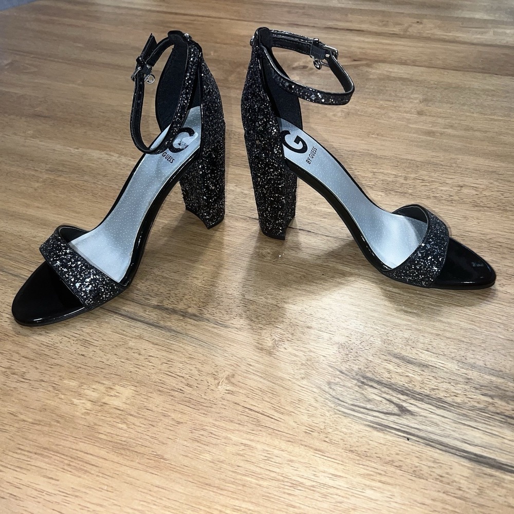 Woman's Guess Sz 9 Block Heels Strappy Glitter Shoes Ankle Strap Black Silver
